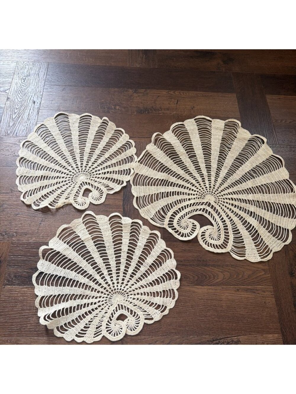 3 Handmade Crochet Shell Shaped 1-10"x 10" 2-8"x 8" Beige Doillies